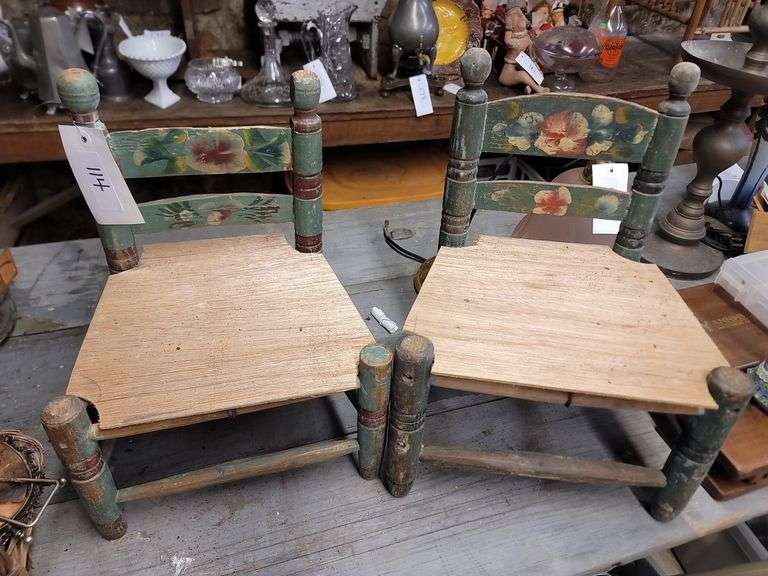 2 Antique Children Chairs,Ty Beanie, Dolls, Tambourines, Mirror