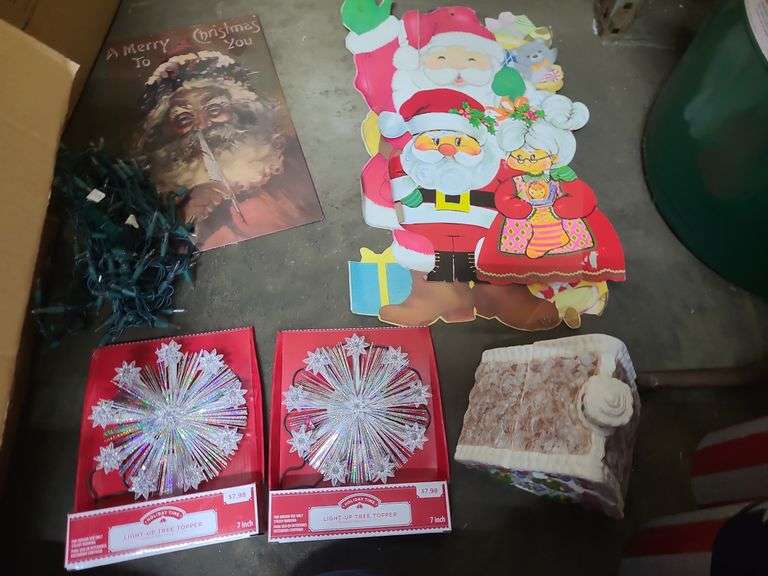 Box Of Christmas Decor, Paper Decorations, Cookie Jar, Lights, And Tree Toppers