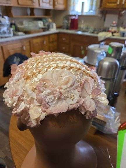 Vintage Women's Hat Woven Straw W/ Flowers
