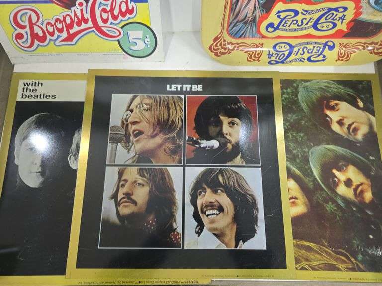 Metal Beatles Signs, Betty Boop, Pepsi, Box of Rug Beaters, Christmas Decor