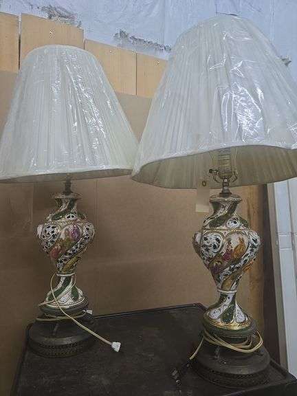 2 Beautiful Mid Century Capodimonte, Porcelain, Hand Painted Table Lamps with Shades