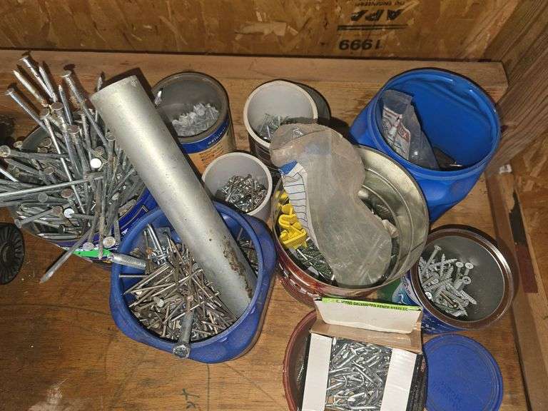 Containers of Nails, Screws, Assorted Hardware