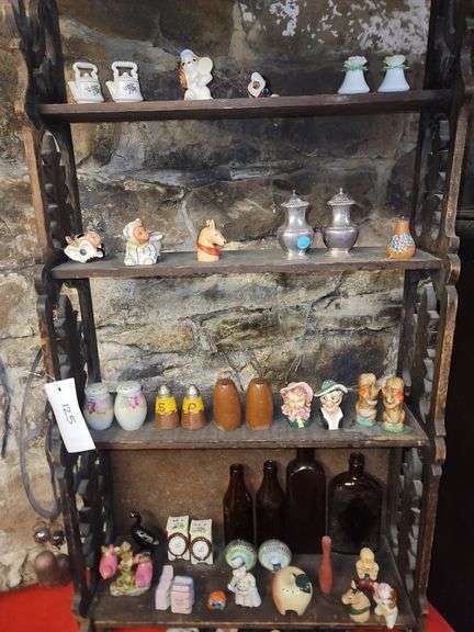 4 Shelves Of Salt and Pepper Shakers, Pins, Doll