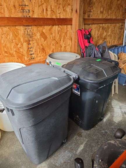 2 Black Trash Cans W/ Wheels