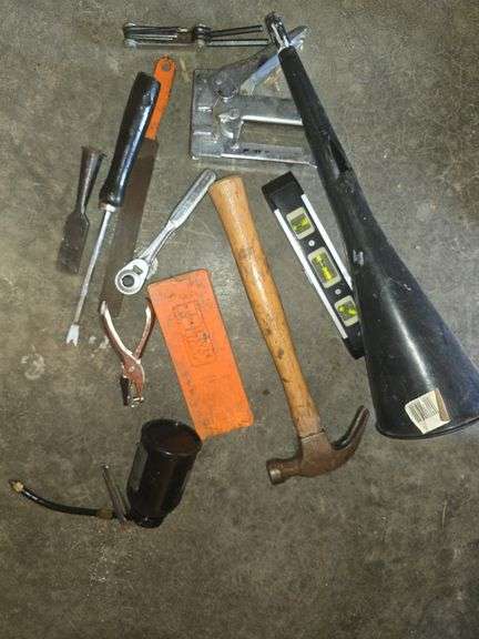 Box of Tools. Level, Oiling Can, Hammer, Pizza Hut Thermos