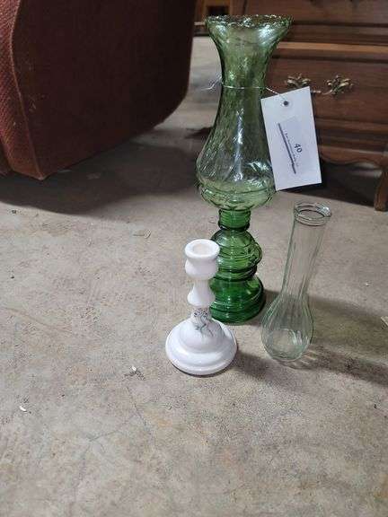Vintage Green Glass Hurricane Candle Holder, Single Candle Holder & Bud Vase