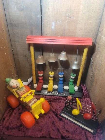 Vintage 1960's Playskool Wooden Bell Toy Piano Xylophone Musical Colorful Rare & 1965 Fisher Price Jalopy Wooden Pull Toy, Wood Clown Vintage Toy With
