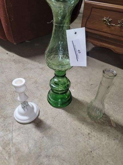 Vintage Green Glass Hurricane Candle Holder, Single Candle Holder & Bud Vase