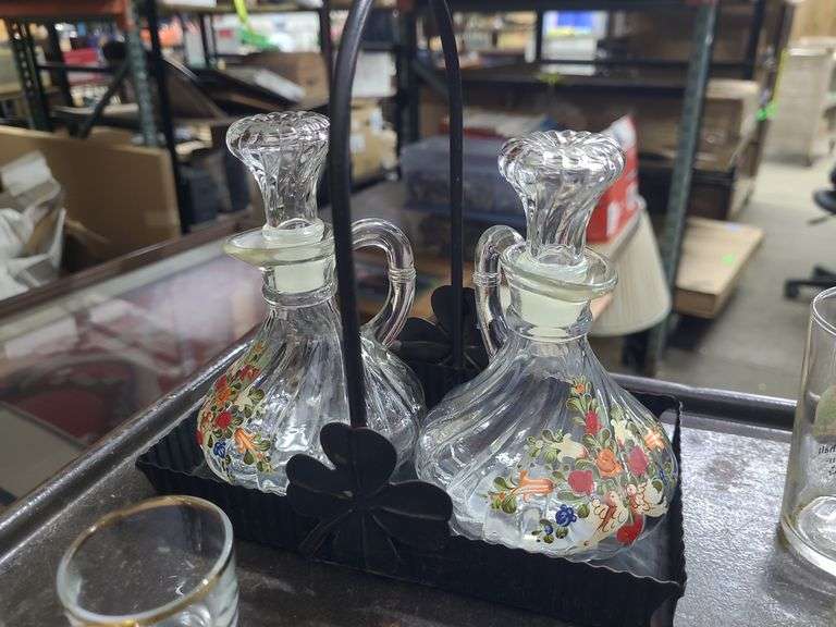 German Glasses, Oil And Vinegar Tray, And Small Glasses