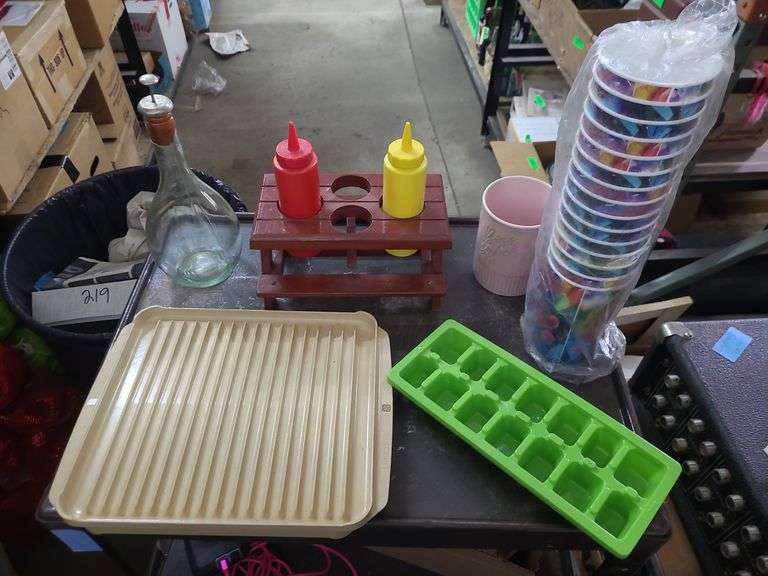 Box Of Cooking Utensils, Bottles, Cups, Ice Trays