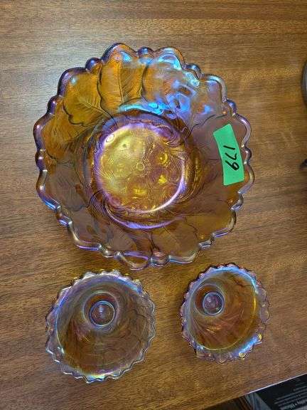 3 Pc. Vtg Iridescent Amber Art Glass Flower Bowl Candy Nut Fruit Dish