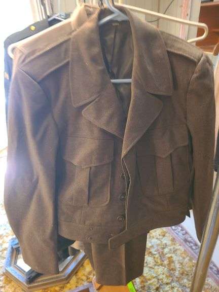 2 Army Uniforms Size 34 L, 2 Shirts Size 14½x32, And 4 Hats (Jackets Have Damage)