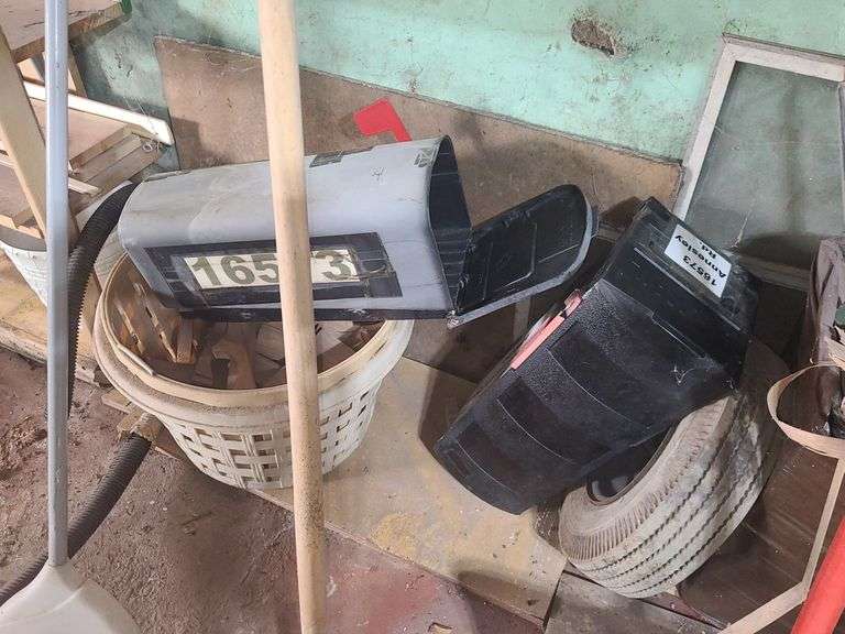 Mailboxes, Shovel, Broom, Squeegee, And Partial Bottles Of Wood Finish