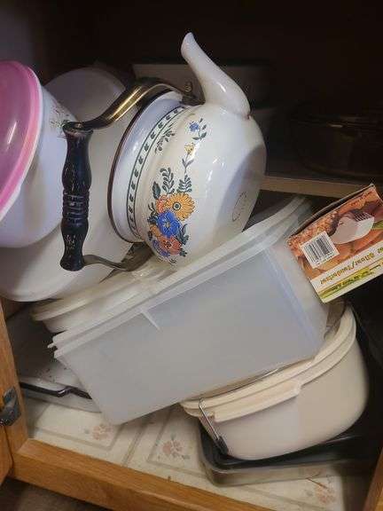 Contents Of 5 Lower Cabinets, Plasticware, Pots, Pans, Bakeware, And Kettle