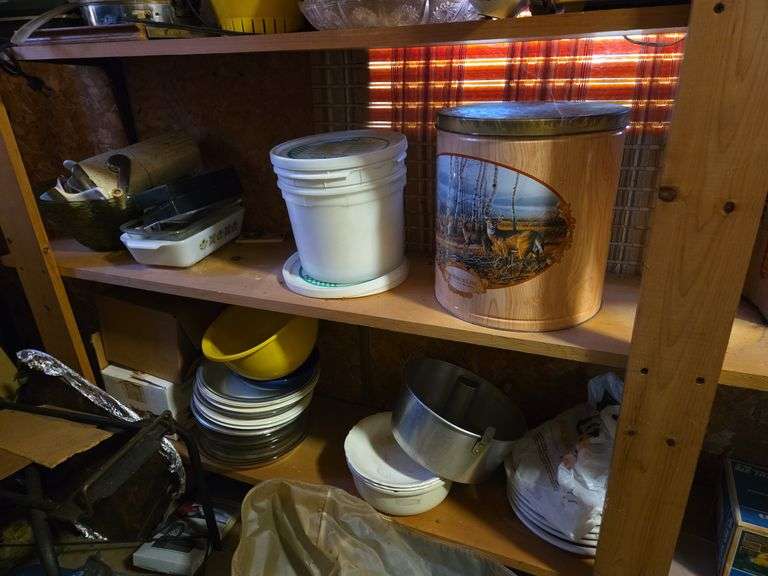 Bottom 2 Shelves & Contents, Slow Cooker,Waffle Maker,Plates,Bowls,Shear