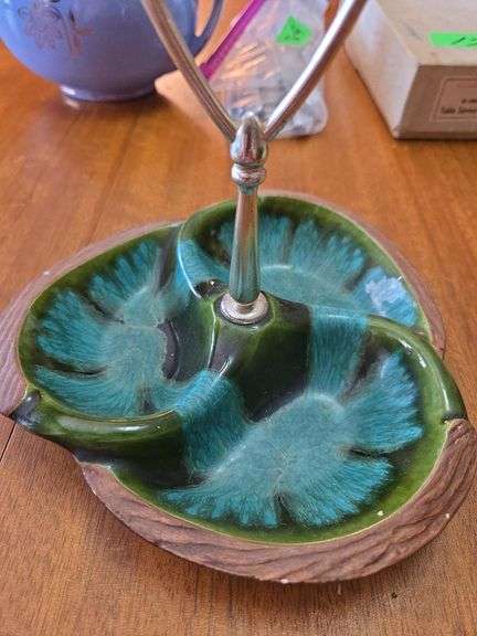 Vintage Sequoia Ware California Pottery 610 Nut/Candy Dish With A Handle And A Blue-Green Drip Glaze.