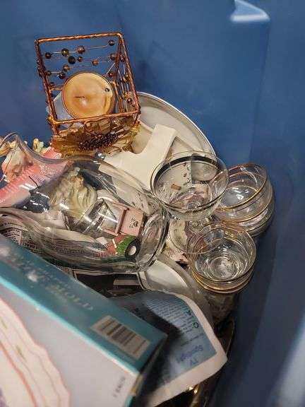 Tote Of Plates,Candle Holders, Butter Dish, Stemware