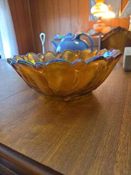 3 Pc. Vtg Iridescent Amber Art Glass Flower Bowl Candy Nut Fruit Dish