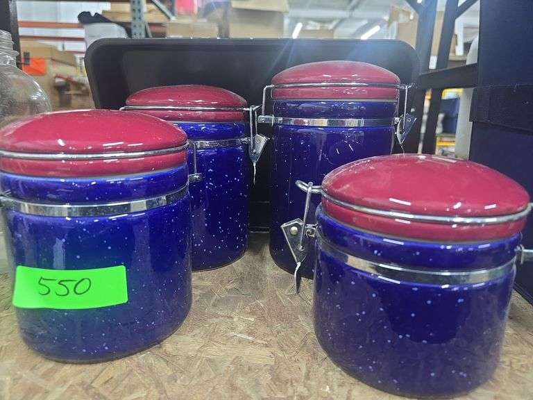 Set of Blue Speckled Enamelware Canisters with Red Lids and Metal Clasp Closures, Speckled Enamelware Metal Baking Pan