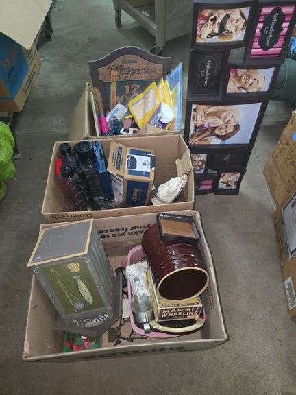 3 Boxes, Picture Frames, Figurines, Table Covers, Cookie Jar, Hot Wheels, Sign,  And Decor