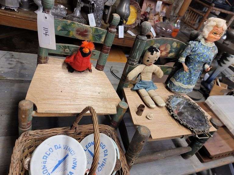 2 Antique Children Chairs,Ty Beanie, Dolls, Tambourines, Mirror
