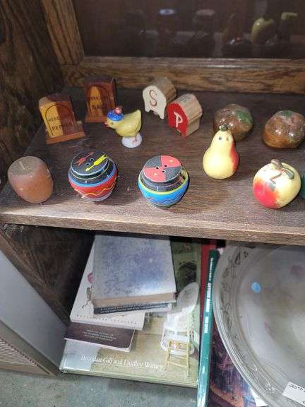 Shelf Of Various Salt & Pepper Shakers , Books, Trays