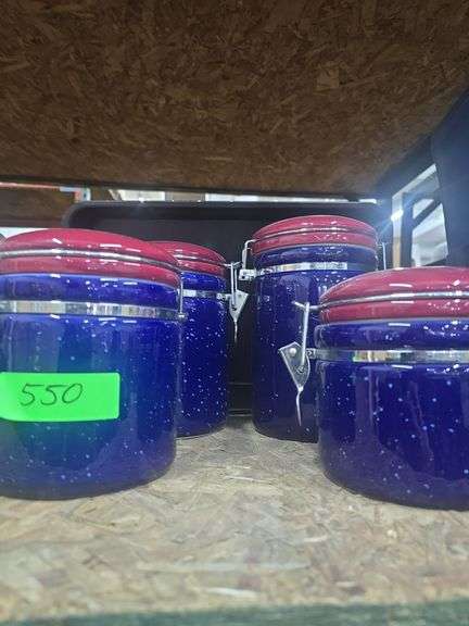 Set of Blue Speckled Enamelware Canisters with Red Lids and Metal Clasp Closures, Speckled Enamelware Metal Baking Pan