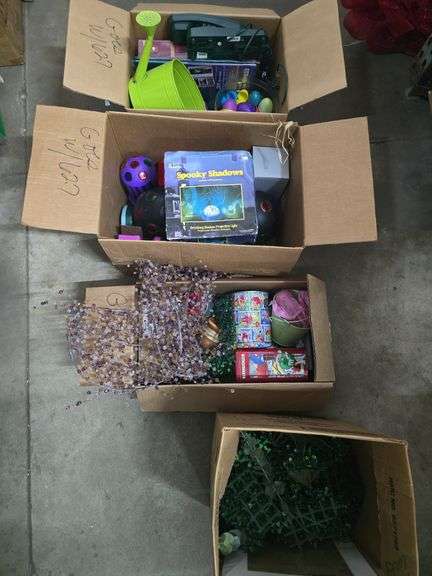4 Boxes Decor, Tins, Party Lights, Easter Eggs, Watering Can