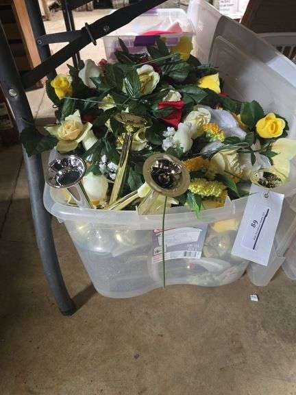 Tote of Artificial Flowers, Decorative Candle Holders
