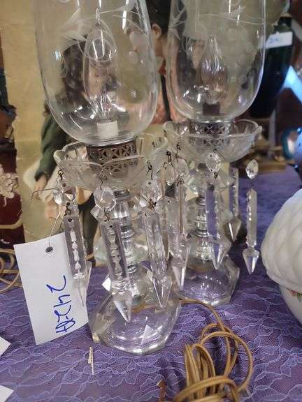 Vintage Etched Glass Hurricane Lamps With Crystal Prisms.