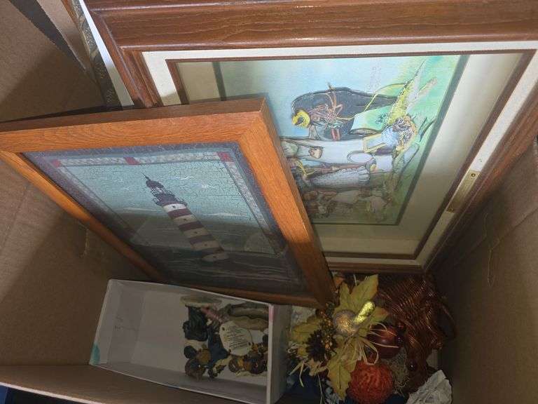 2 Boxes of Hanging Wall Pictures, Decor, Craft Supplies