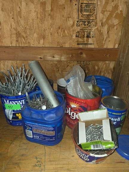 Containers of Nails, Screws, Assorted Hardware