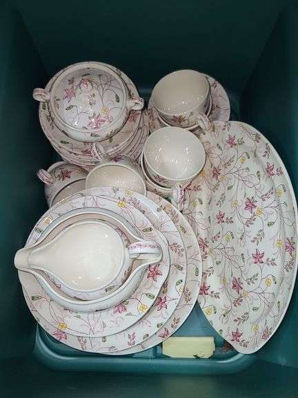 Tote of Taylor Smith Taylor China Set, 43pcs, Some Minor Chipping