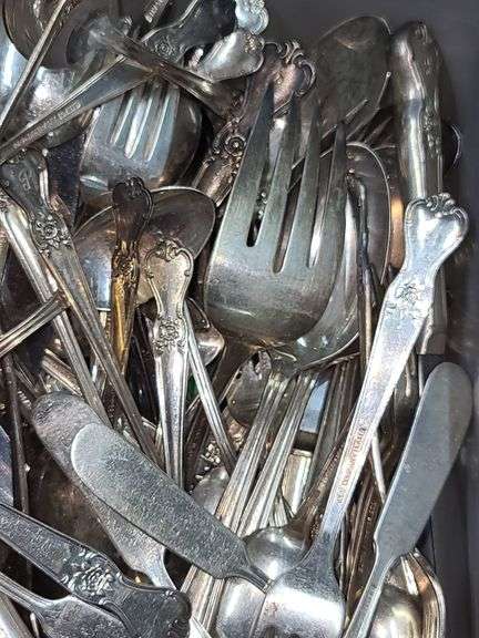 Tote Bucket of Assorted Silverware, Some Stainless, Some Old Company Plate