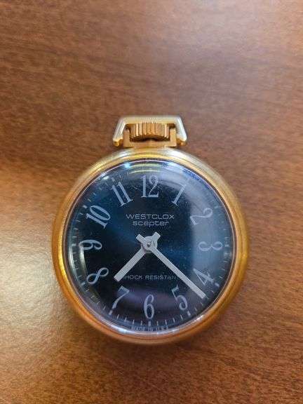 Vintage Westclox Scepter Pocket Watch With A Blue Dial.
