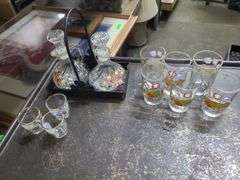 German Glasses, Oil And Vinegar Tray, And Small Glasses