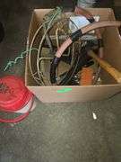 Box of Tools. Level, Oiling Can, Hammer, Pizza Hut Thermos