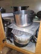 Contents Of 5 Lower Cabinets, Plasticware, Pots, Pans, Bakeware, And Kettle