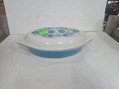 Vintage Pyrex Blue Horizon Oval Divided Casserole Dish With Lid