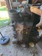 Small Block Chevy (Believed to be 327), Contents Only of Two Shelves of Assorted Engine Parts and One Shelf with Oil Pan