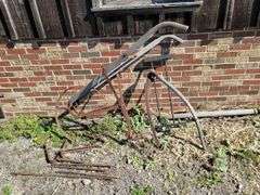 Approx 1900 Wheel Push Cultivator/ Garden Plow & scythe