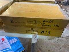 Metal Boxes Containing Bulbs and Ignition Points and an Assortment of Glass Fuses and Shop Hardware