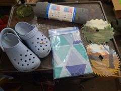 2 Boxes Of Office Supplies, Shelf Liner, Size 6 Crocs, Cash Drawer, Shower Curtain, And Painted Saw Blades