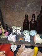 4 Shelves Of Salt and Pepper Shakers, Pins, Doll