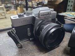 Assorted Cameras And 2 Leather Bags