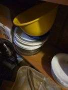 Bottom 2 Shelves & Contents, Slow Cooker,Waffle Maker,Plates,Bowls,Shear