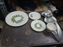 2 Boxes Of 16 Pc. Festive Dish Set, Glasses, And Metal Trays