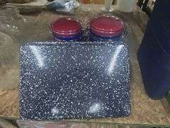 Set of Blue Speckled Enamelware Canisters with Red Lids and Metal Clasp Closures, Speckled Enamelware Metal Baking Pan