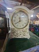 Stellar 31-Day Wood Case Pendulum Clock, Collectible 6" Vintage Avon China Ivory Porcelain Winter Rose Mantel Table Clock