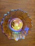3 Pc. Vtg Iridescent Amber Art Glass Flower Bowl Candy Nut Fruit Dish